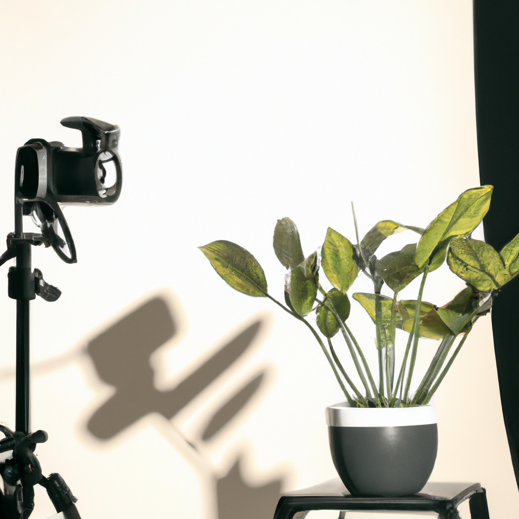 Espacio de trabajo en estudio: cámara en trípode, luz difusa, plantas y líneas limpias